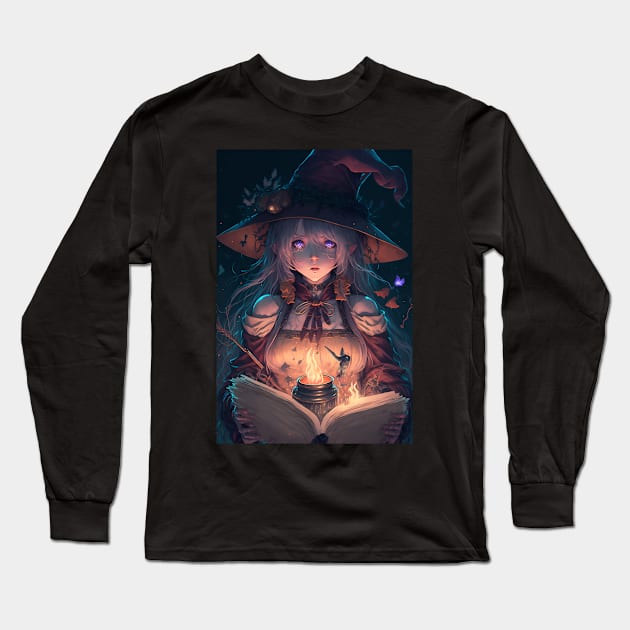 Anime Hot Wizard Girl Reading a Book of Spells Long Sleeve T-Shirt by Bubblebug